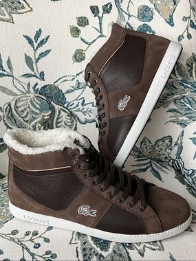 Lacoste Brown Leather & Suede Mid-Top Sneakers with Shearling Collar Size 9